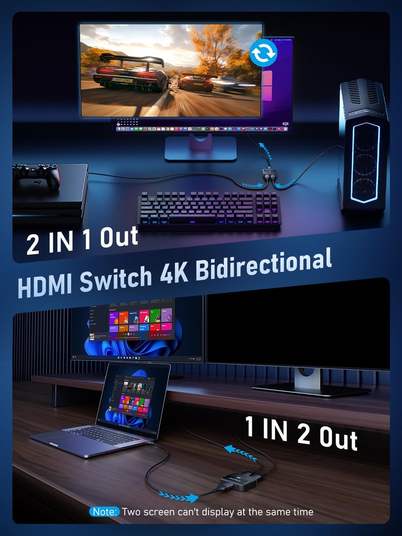 Lemorele HDMI Switch 2 in 1 Out 4K@60Hz Bi-Directional Splitter 1 in 2 Out, High-Performance Engineering Material Body Supports 3D HDCP 2.2, Compatible with PS5/PS4, Xbox, Monitor, TV Stick, PC - Image 3