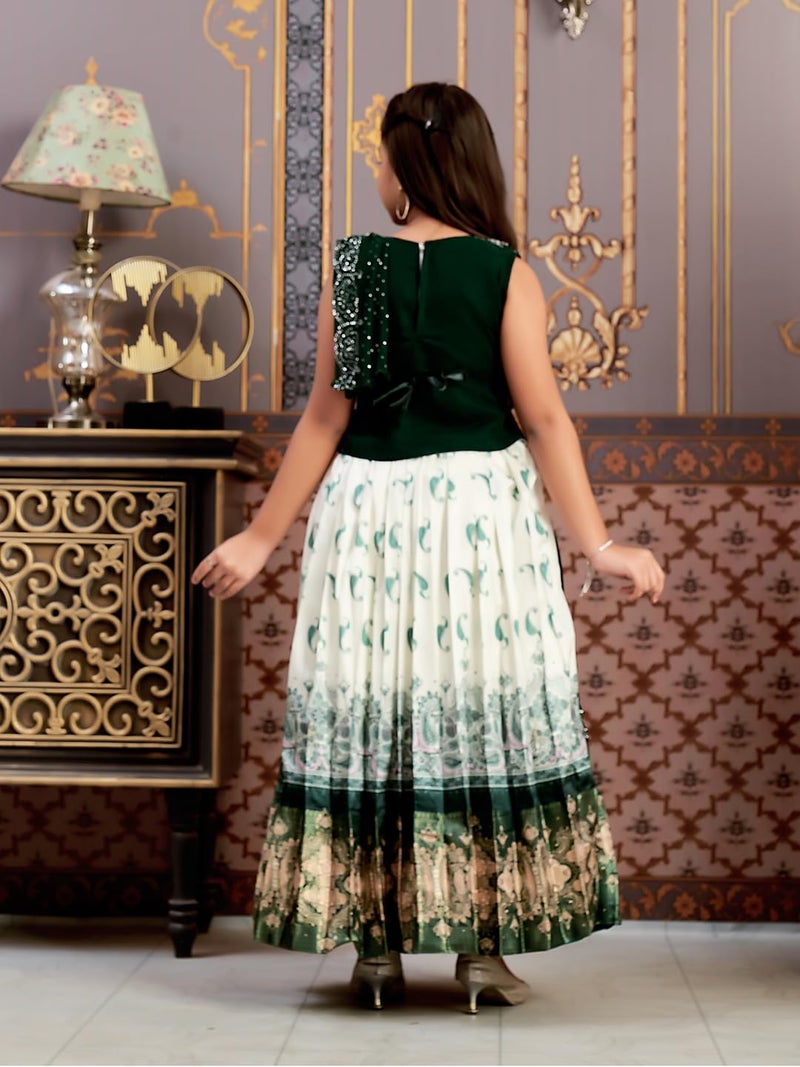 aarikka Aarika Girls Ethnic Wear Dark Green-Cream Colour Mirror Embroidery Georgette Lehenga Choli Set With Attached Dupatta-4-15 Years (LCH-9435) - Image 4