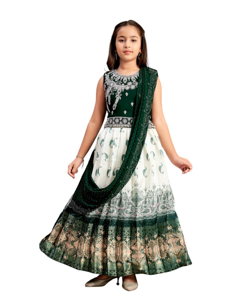 aarikka Aarika Girls Ethnic Wear Dark Green-Cream Colour Mirror Embroidery Georgette Lehenga Choli Set With Attached Dupatta-4-15 Years (LCH-9435) - Image 1