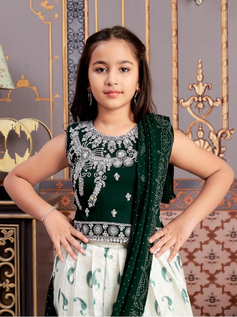 aarikka Aarika Girls Ethnic Wear Dark Green-Cream Colour Mirror Embroidery Georgette Lehenga Choli Set With Attached Dupatta-4-15 Years (LCH-9435) - Image 5