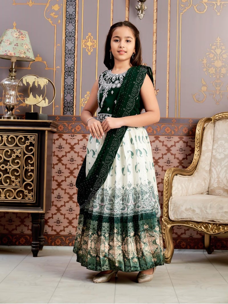 aarikka Aarika Girls Ethnic Wear Dark Green-Cream Colour Mirror Embroidery Georgette Lehenga Choli Set With Attached Dupatta-4-15 Years (LCH-9435) - Image 3