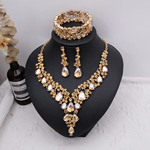 CSY Elegant Crystal Costume Jewelry Sets Flower Bridal Necklace Earrings Stretch Bangle Set for Bride Bridesmaid Wedding Dress Accessories (champagne gold) - Image 3