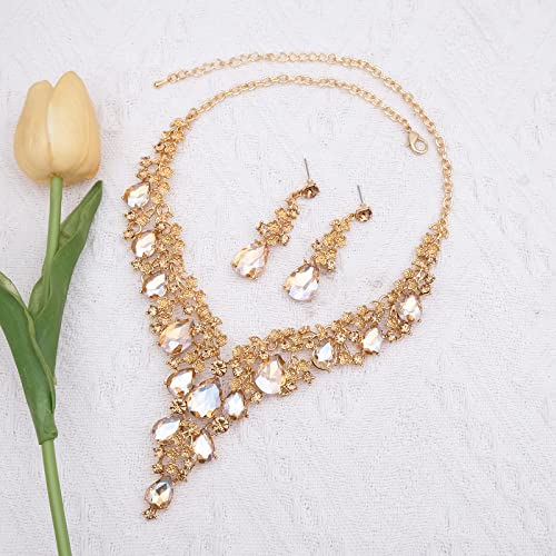 CSY Elegant Crystal Costume Jewelry Sets Flower Bridal Necklace Earrings Stretch Bangle Set for Bride Bridesmaid Wedding Dress Accessories (champagne gold) - Image 4