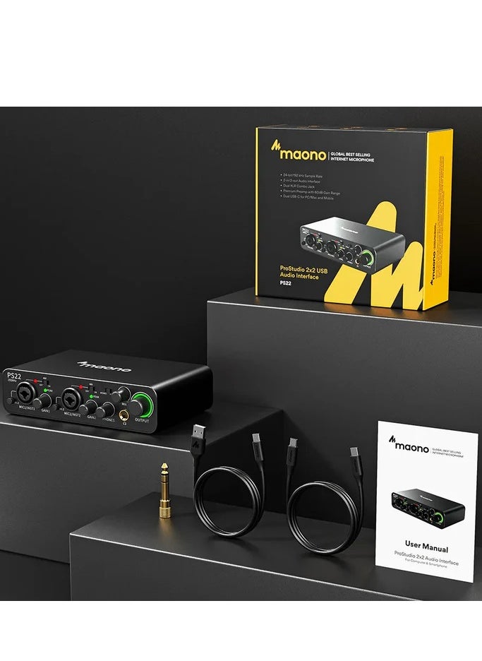 Maono PS22 Audio Interface for Recording, Music Production, Guitar (BLACK)