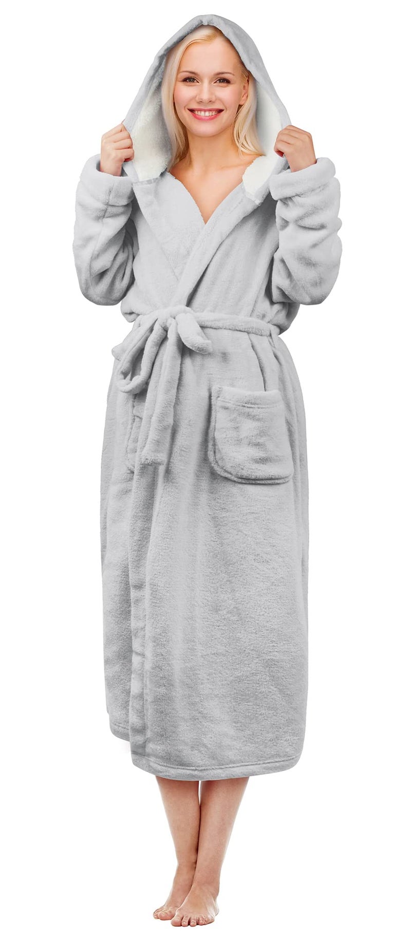 Tirrinia Hooded Sherpa Robe Long Plush Fuzzy Bathrobe for Women with Hood Sherpa Lined Grey