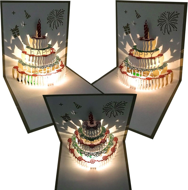 بطاقات عيد ميلاد ثلاثية الأبعاد منبثقة، بطاقة عيد ميلاد موسيقية دافئة بإضاءة LED على شكل كعكة، بطاقات تهنئة منبثقة، بطاقات عيد ميلاد سعيد، مثالية للأم والزوجة والأخت والصديق والصديقة والأصدقاء، عبوة واحدة - Image 3