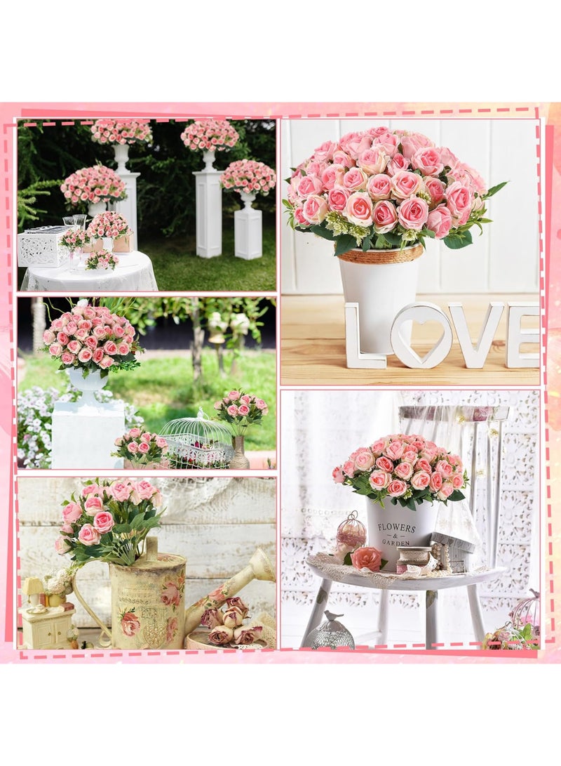 2 Stems 10 Heads Pink Artificial Silk Roses Bouquets with Leaf Faux Flowers for Wedding, Grave Decor, Home Indoor, Outdoor Wedding Office Use - Image 2