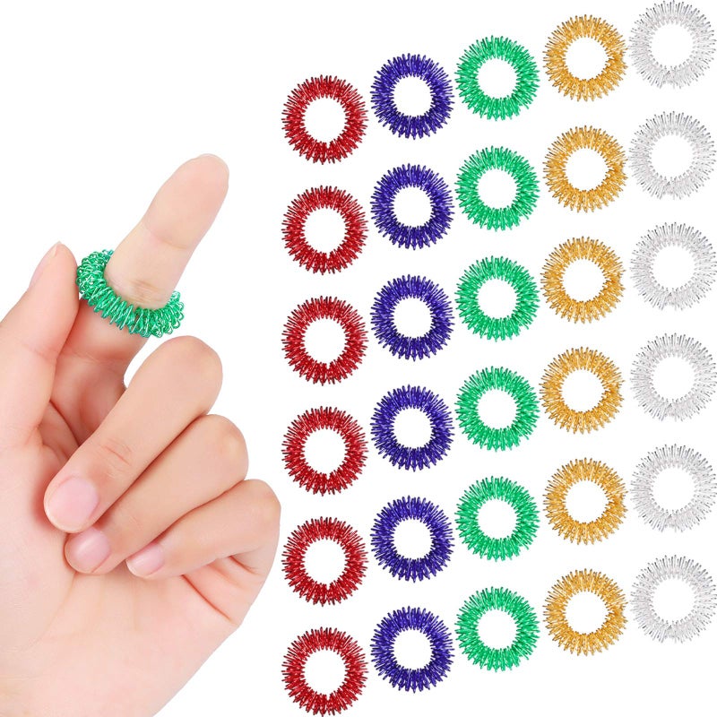 Blulu Blulu 50 Pcs Acupressure Rings Spiky Sensory Finger Rings Spiky Finger Acupressure Set for Teens Adults Silent Stress Reducer and MassagerRed Blue Green Gold Silver