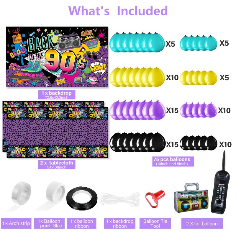 Irenare 85 Pcs 80s 90s 50s Party Decorations 90's Party Bundle Includes Inflatable Radio Boombox and Mobile Phone, Back to 1990s 50s Backdrop, Tablecloth, 75 Pcs Balloons for Hip Hop (90s Style) - Image 2