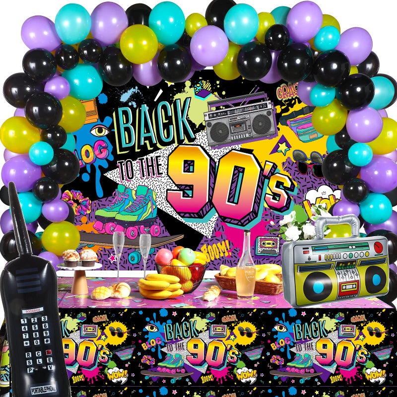 Irenare 85 Pcs 80s 90s 50s Party Decorations 90's Party Bundle Includes Inflatable Radio Boombox and Mobile Phone, Back to 1990s 50s Backdrop, Tablecloth, 75 Pcs Balloons for Hip Hop (90s Style) - Image 1