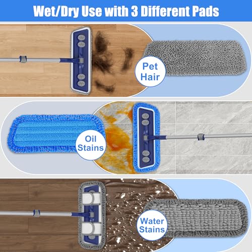 FORSPEEDER Microfiber Mops for Floor Cleaning - Dust Mop for Hardwood Floors with 55” Adjustable Handle 3 Thickened Washable Pads - Wet Dry Mopping for Pet Hairs Walls Tile Wood Laminate Home Kitchen - Image 3