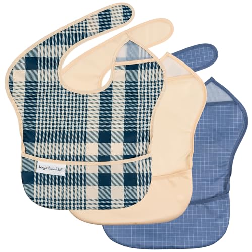 Tiny Twinkle Mess-Proof Baby Bibs for Eating | Waterproof, Wipeable Toddler Bibs with Catch-All Pocket | Feeding Bibs for Girls & Boys(3 Pack,Gingham,Grid) - Image 1