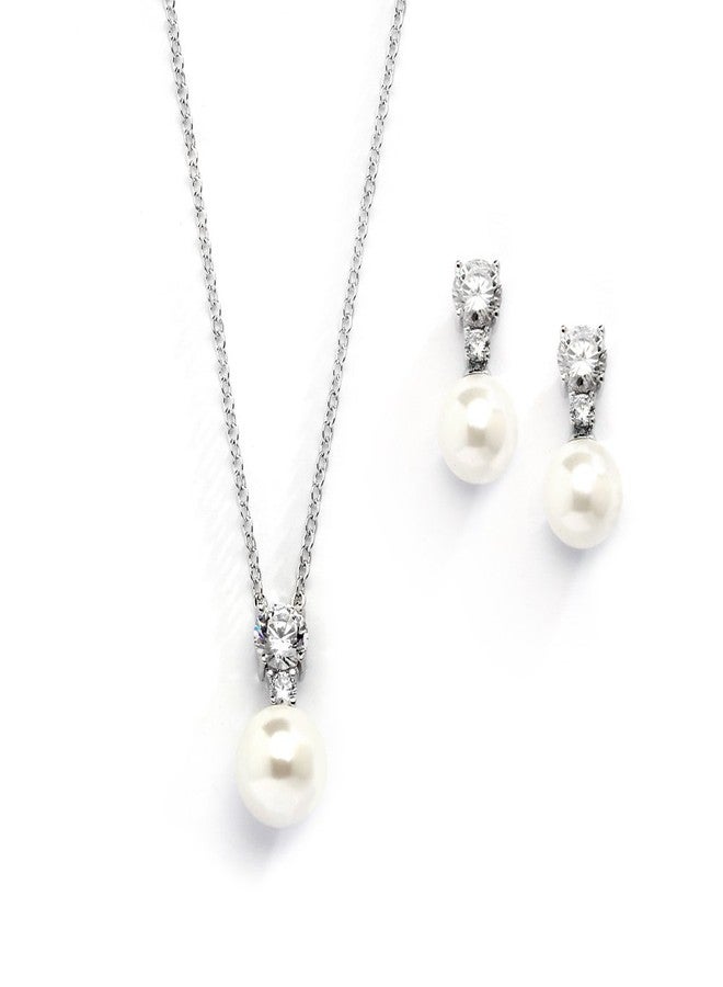 Mariell Pearl Wedding Necklace Earrings Set with CZ Crystal, Jewelry for Brides, Bridesmaid, Mother's Day - Image 1