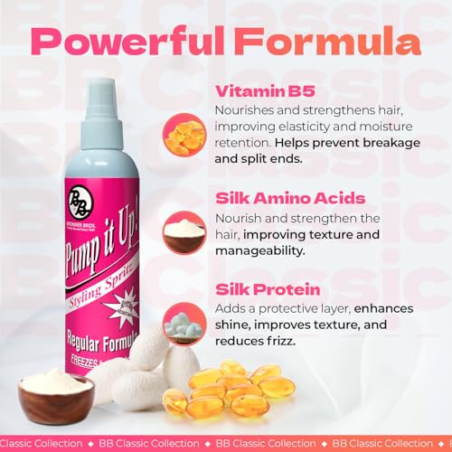 Bronner Bros Pump It Up Styling Spritz Regular 80% – Fast-Dry Hair Spray with Vitamin B5, Silk Amino Acids & Proteins – Flexible Hold Finishing Spritz Hairspray, No Build-up or Stiffness – 8oz - Image 4