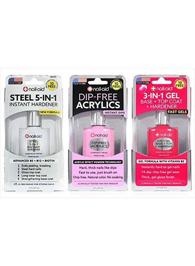3pk Of Steel Hardener + Dip-free Acrylics + 3-in-1 Gel Top Coat, French Sheer, N/A, 1.65 Fl Ounce