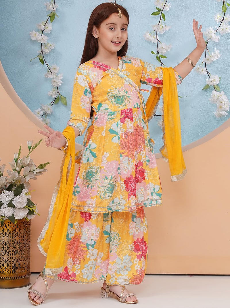 Preneum Girls's Cotton Rayon Printed Angrakha Kurta with Sharara & Dupatta, Yellow, 11-12 Years - Image 4