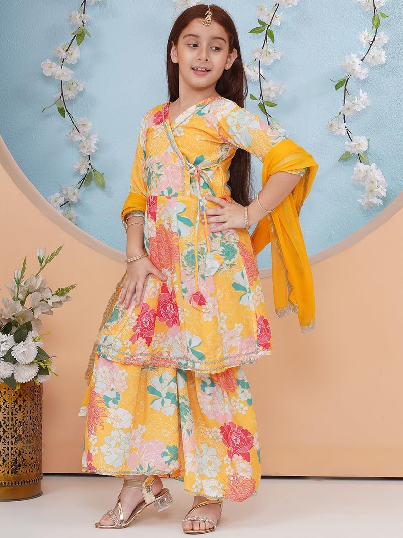 Preneum Girls's Cotton Rayon Printed Angrakha Kurta with Sharara & Dupatta, Yellow, 11-12 Years - Image 5
