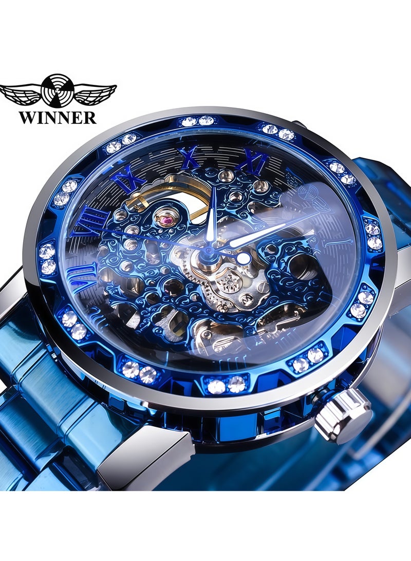 وينر ساعة رجالية أنيقة وعملية بهيكل عظمي يدوي مرصع بأحجار الراين