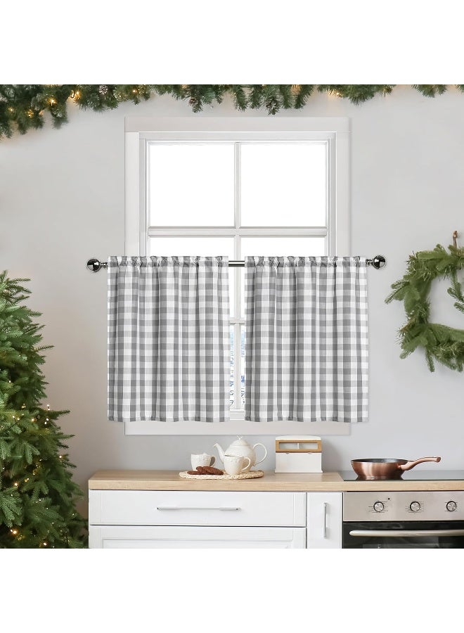 Bapawfish Grey Buffalo Plaid Cafe Curtains Farmhouse Tiers Kitchen Curtains 24 Inches Long, Gingham Check Rod Pocket Half Window Short Curtains for Kitchen Bathroom, 28" x 24", Silver/Gray, Set of 2 - Image 1