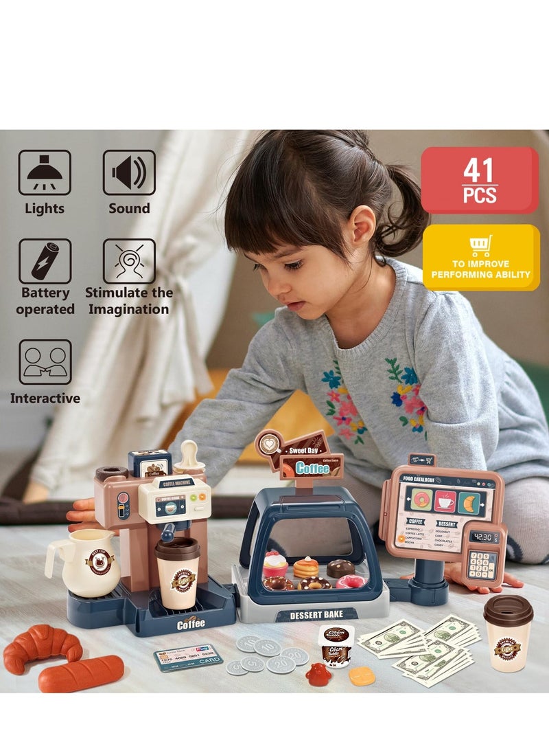 41Pcs Pretend Role Play Toy Kids Coffee Maker Playset Toy Coffee Maker with Sound Light Kids Kitchen Pretend Play Sets Kitchen Appliances Toy for Boys Girls Gift for Age 3-12 Year Olds - Image 5