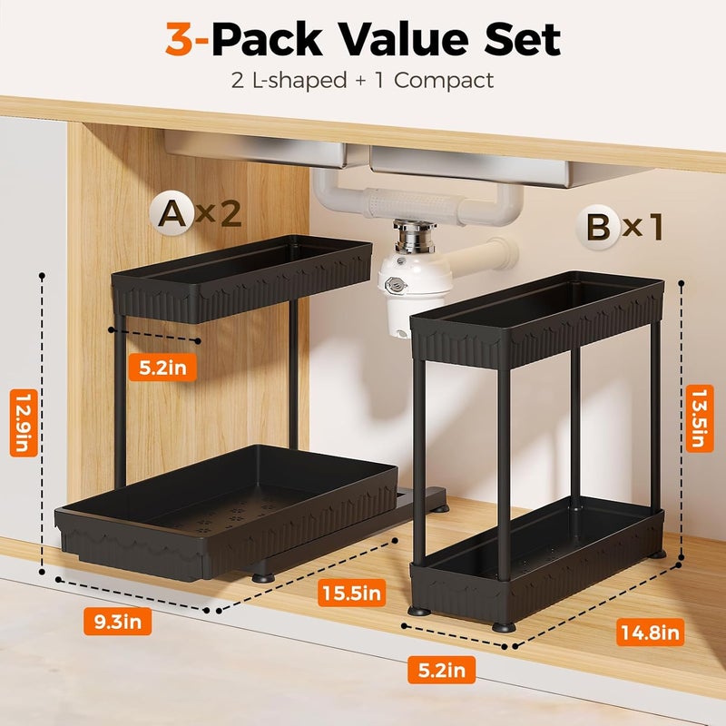 Sevenblue 3 Pack منظمات تخزين متعددة الأغراض قابلة للسحب، منظمات وتخزين على شكل حرف L من مستويين تحت الحوض/الخزانة للحمام والمطبخ، (أسود، 12.85 بوصة) - Image 2