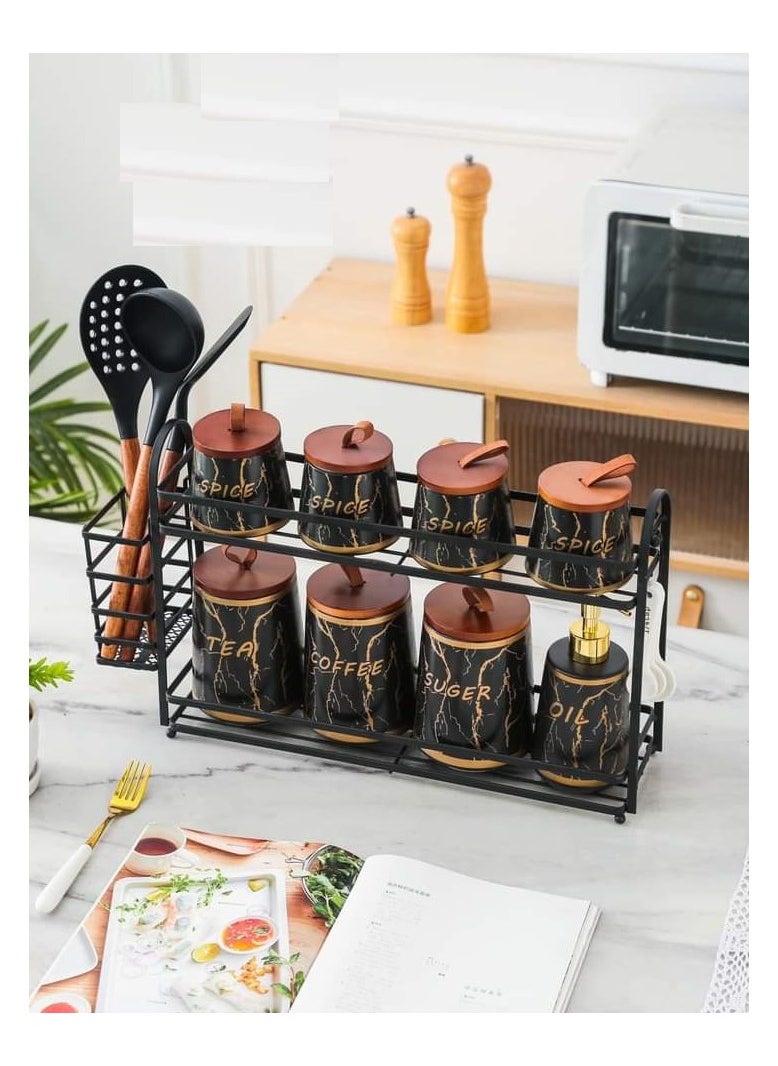 MARBLE - Porcelain spice set 16 pieces on a black marble metal stand MF361152302B - Image 1