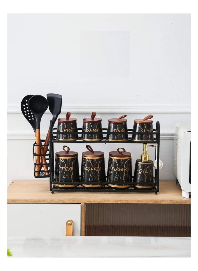 MARBLE - Porcelain spice set 16 pieces on a black marble metal stand MF361152302B - Image 1