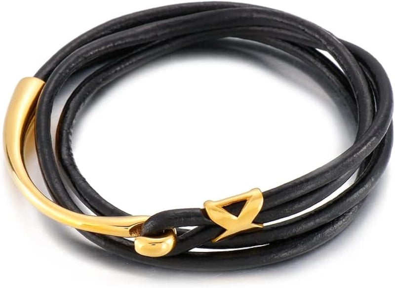 AC&L Multi layer Genuine Leather and gold Stanless steel bracelet- Black/Gold - Image 1