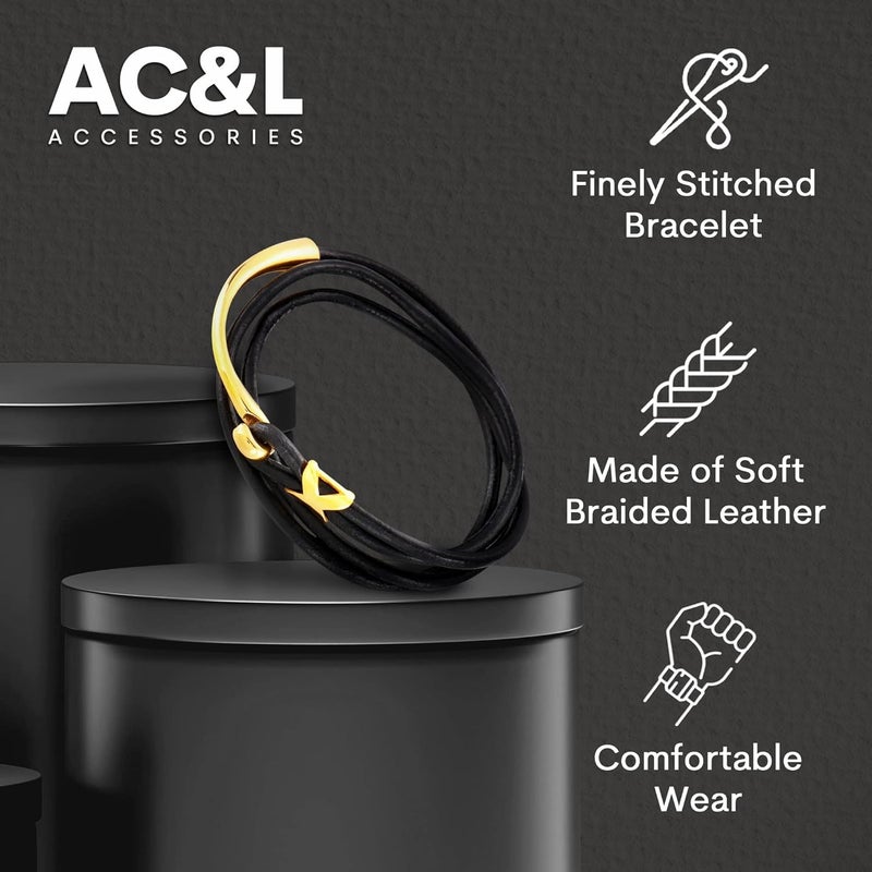 AC&L Multi layer Genuine Leather and gold Stanless steel bracelet- Black/Gold - Image 2