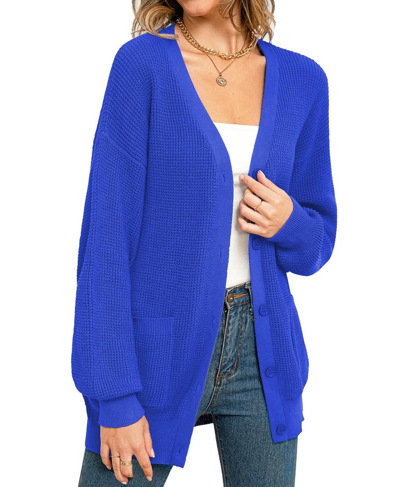 QUALFORT Women's 100% Cotton Cardigan Sweaters for Women Button Down Oversized Knit Outerwear with Pockets Fall Clothes 2026 Royal Blue Medium - Image 1