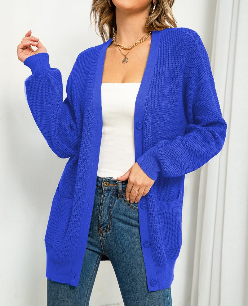 QUALFORT Women's 100% Cotton Cardigan Sweaters for Women Button Down Oversized Knit Outerwear with Pockets Fall Clothes 2026 Royal Blue Medium - Image 2