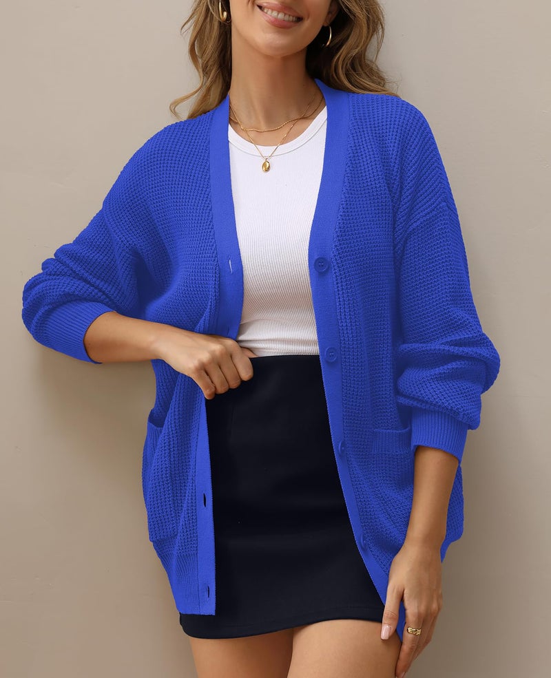 QUALFORT Women's 100% Cotton Cardigan Sweaters for Women Button Down Oversized Knit Outerwear with Pockets Fall Clothes 2026 Royal Blue Medium - Image 3