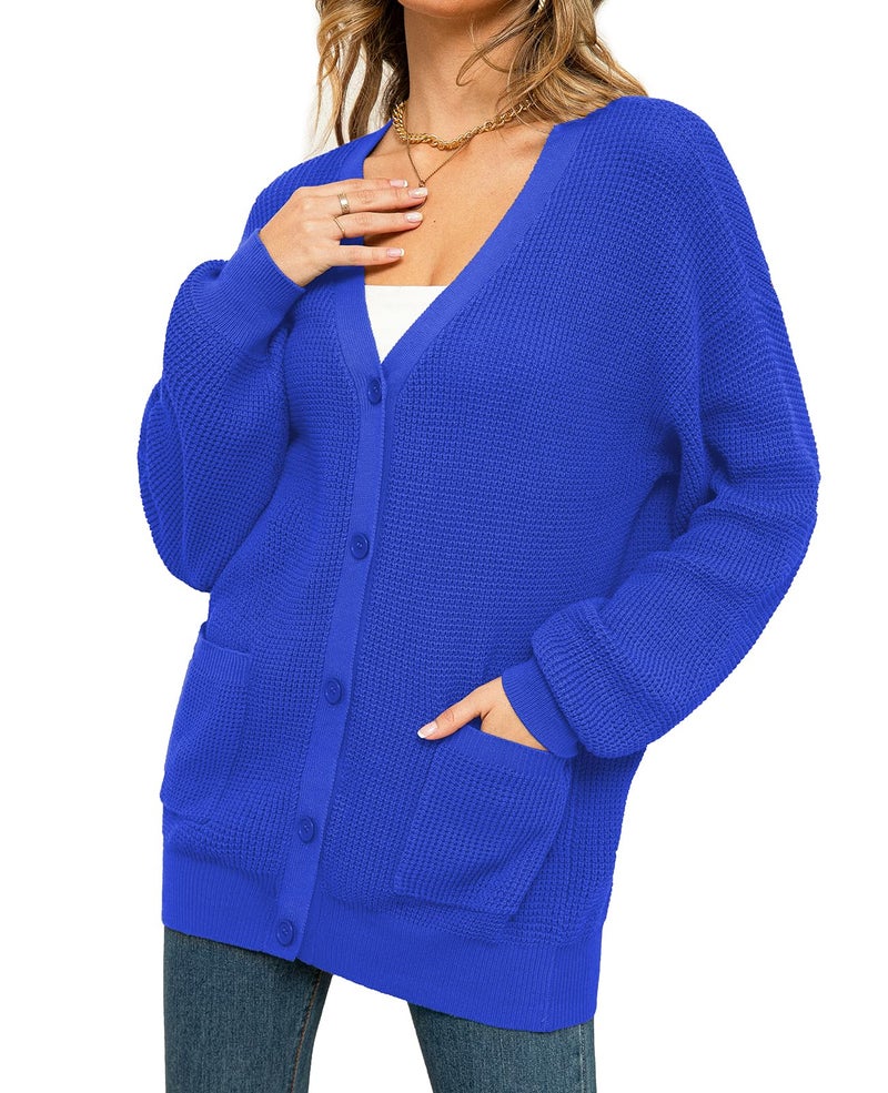 QUALFORT Women's 100% Cotton Cardigan Sweaters for Women Button Down Oversized Knit Outerwear with Pockets Fall Clothes 2026 Royal Blue Medium - Image 5