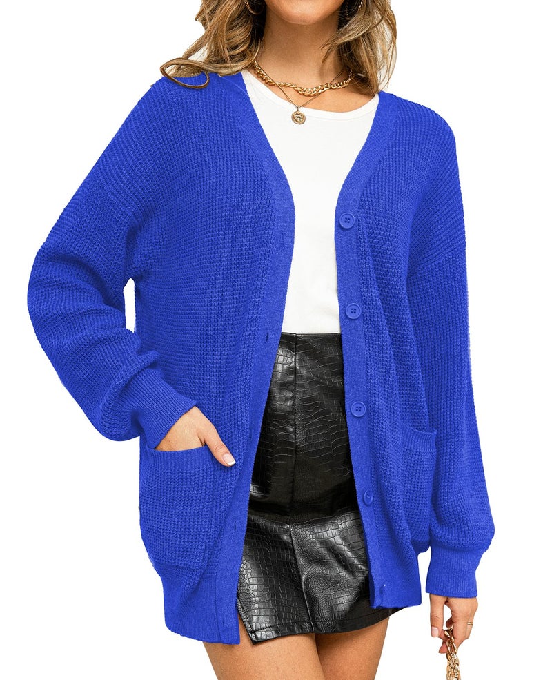 QUALFORT Women's 100% Cotton Cardigan Sweaters for Women Button Down Oversized Knit Outerwear with Pockets Fall Clothes 2026 Royal Blue Medium - Image 4