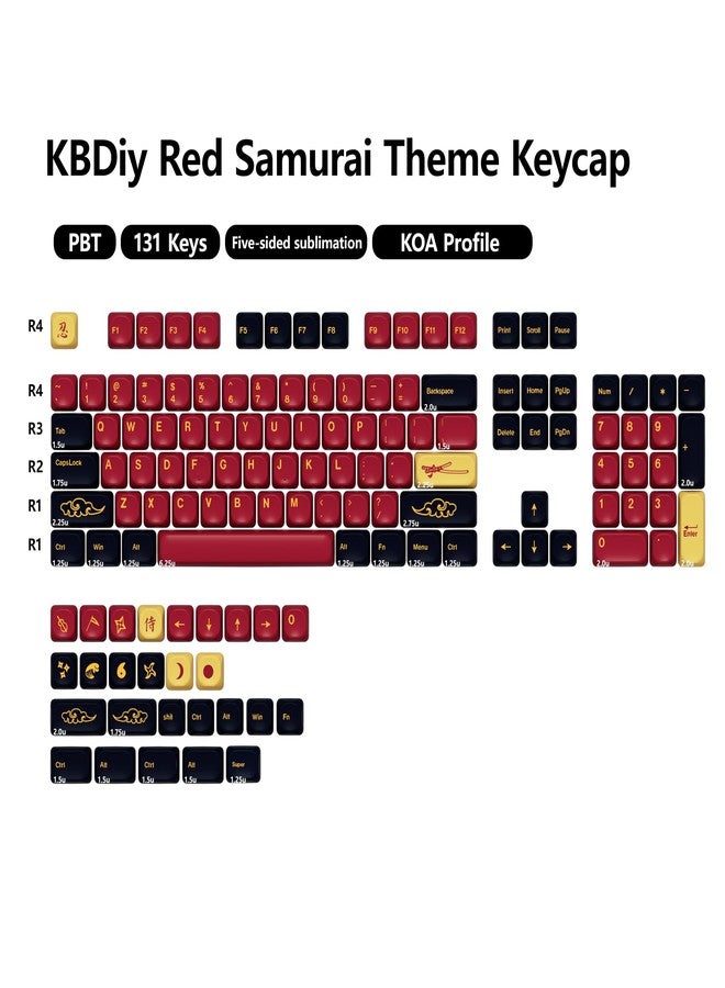 YMKPVR KBDiy Red Samurai Keycaps 60 Percent KOA Profile,Five Sides Dye-Sublimation PBT Retro Custom Keyboard Keycap,131 Keys Cap Set for Cherry Gateron MX Switches Mechanical Keyboards - Image 2