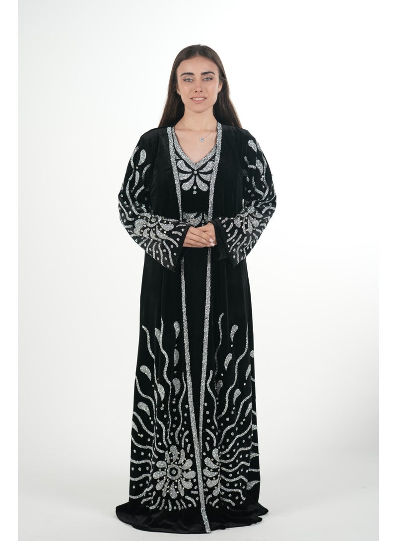 AL BENT AL SHARQIEH Velvet kaftan jalabiya dress with belt - Image 1