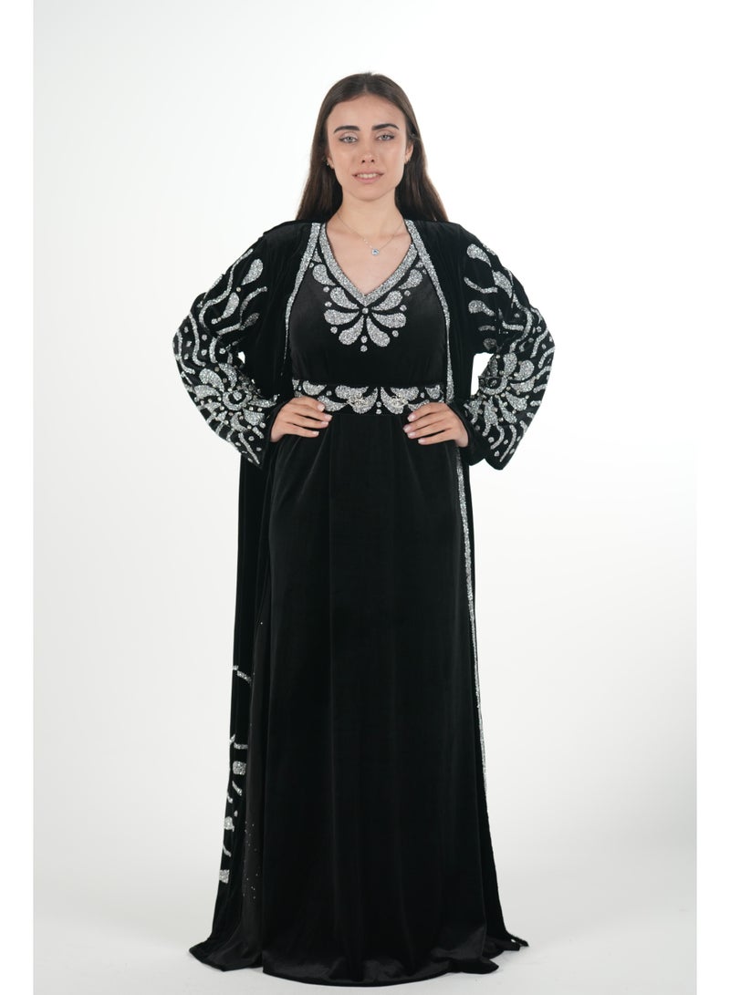 AL BENT AL SHARQIEH Velvet kaftan jalabiya dress with belt - Image 2