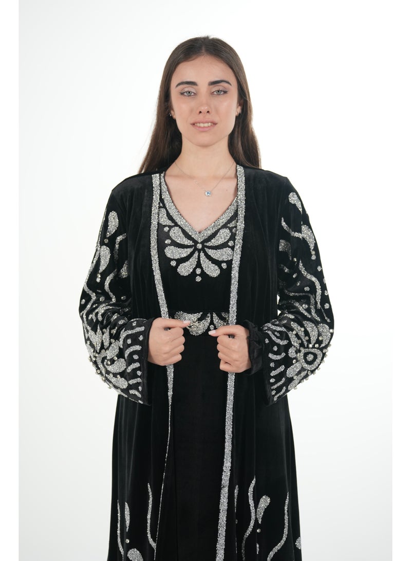 AL BENT AL SHARQIEH Velvet kaftan jalabiya dress with belt - Image 3