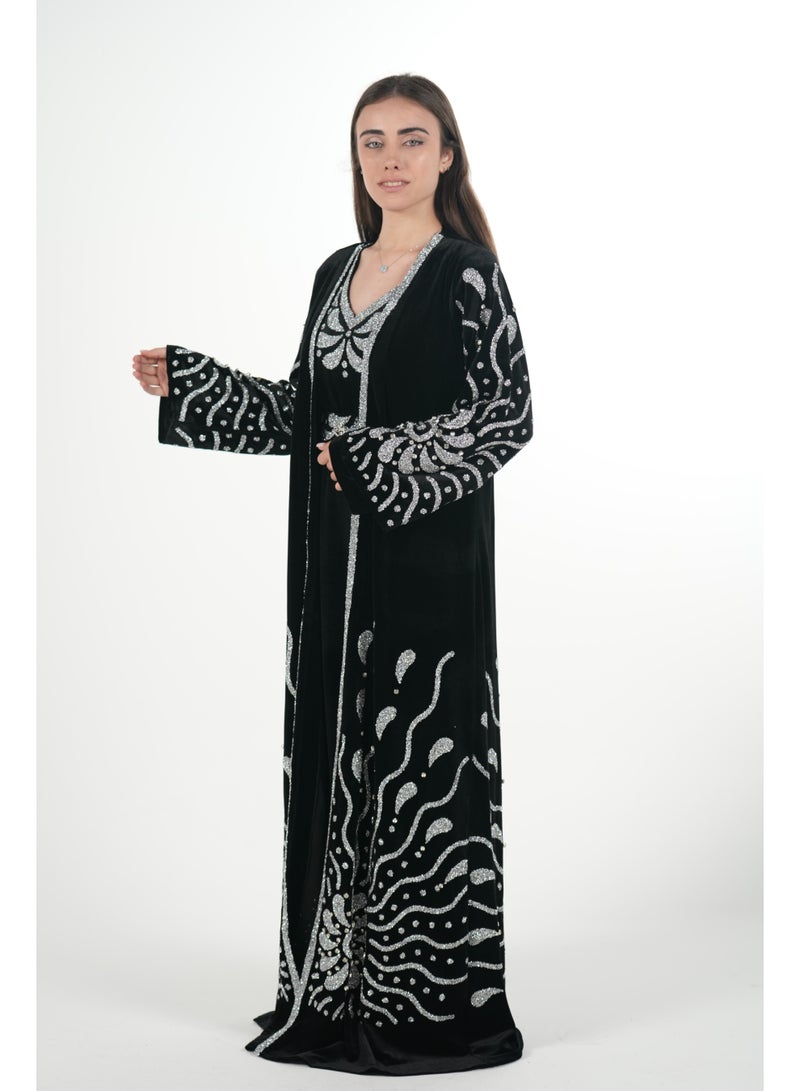 AL BENT AL SHARQIEH Velvet kaftan jalabiya dress with belt - Image 4
