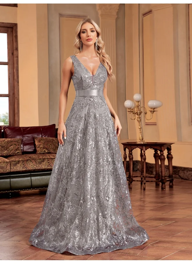 Madam Uniq Gray New Deep V Embroidered Dress Gown