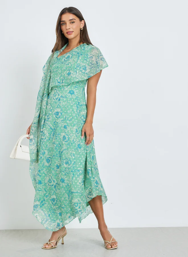 Green Asymmetric Hem Draped Maxi Dress