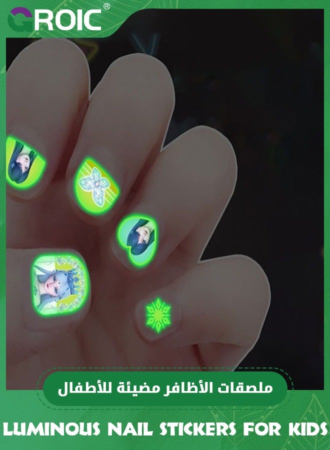 GROIC 10 Sheets Glow Luminous Nail Art Stickers for Kids, Cartoon Fluorescent Nail Self-Adhesive Decals, DIY Stickers Party Decorations for Women Girls Manicure 3D Nail Decal - Image 3