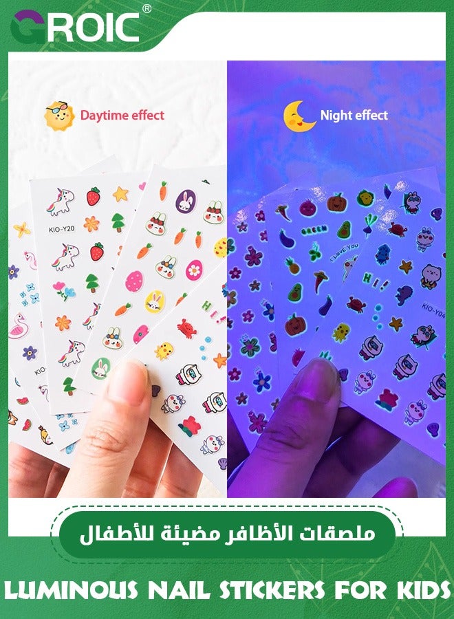 GROIC 10 Sheets Glow Luminous Nail Art Stickers for Kids, Cartoon Fluorescent Nail Self-Adhesive Decals, DIY Stickers Party Decorations for Women Girls Manicure 3D Nail Decal - Image 4