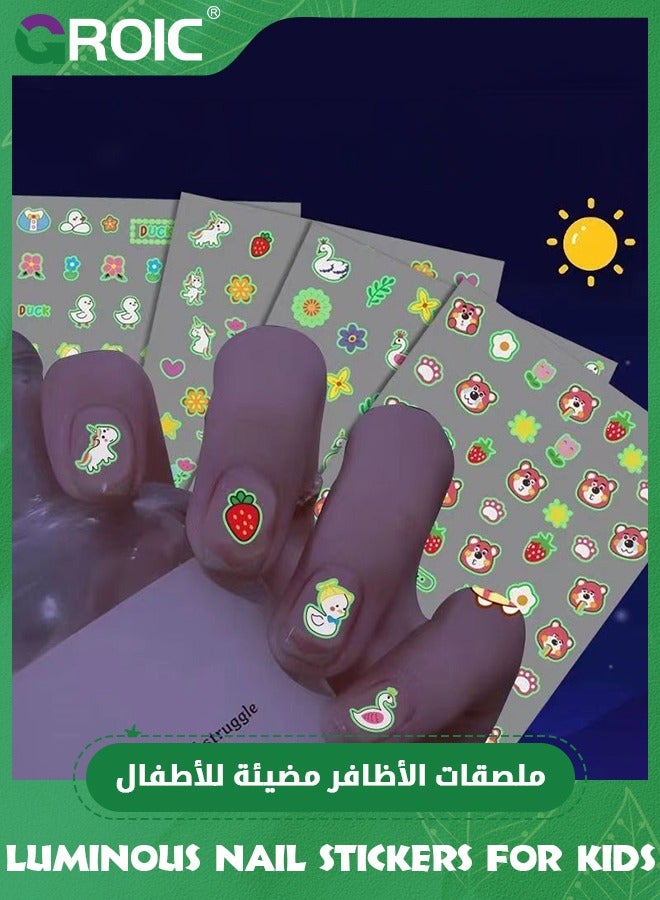 GROIC 10 Sheets Glow Luminous Nail Art Stickers for Kids, Cartoon Fluorescent Nail Self-Adhesive Decals, DIY Stickers Party Decorations for Women Girls Manicure 3D Nail Decal - Image 1