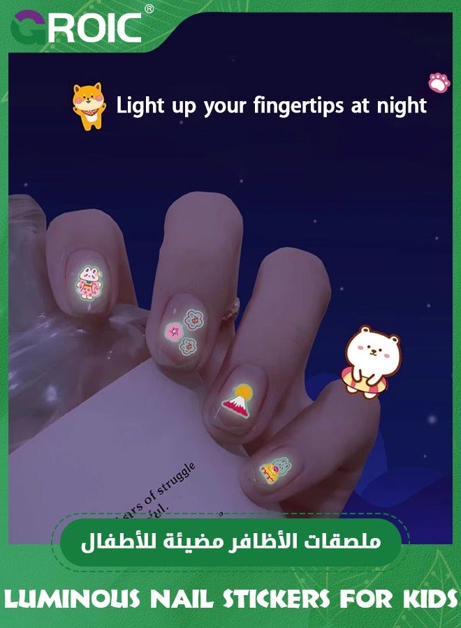 GROIC 10 Sheets Glow Luminous Nail Art Stickers for Kids, Cartoon Fluorescent Nail Self-Adhesive Decals, DIY Stickers Party Decorations for Women Girls Manicure 3D Nail Decal - Image 2