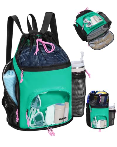 WANDF Swim Bag with Wet Pockets Sandproof Beach Backpack with 40oz Tumbler Side Pockets Mesh Drawstring Backpack Swim Bag for Swimming Pool Gym and Workout Gear Green - Image 1