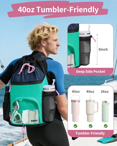 WANDF Swim Bag with Wet Pockets Sandproof Beach Backpack with 40oz Tumbler Side Pockets Mesh Drawstring Backpack Swim Bag for Swimming Pool Gym and Workout Gear Green - Image 3