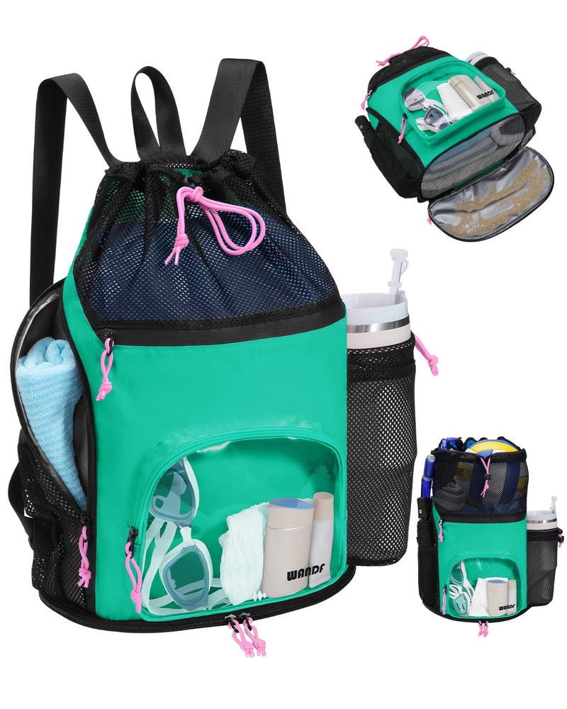WANDF Swim Bag with Wet Pockets Sandproof Beach Backpack with 40oz Tumbler Side Pockets Mesh Drawstring Backpack Swim Bag for Swimming Pool Gym and Workout Gear Green - Image 2