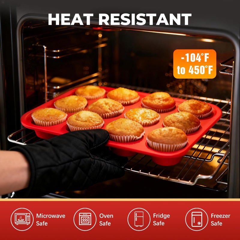 Samuelworld Silicone Muffin Pan for Baking: 12 Cup Muffin Pan with Metal Reinforced Frame, Regular Size Cupcake Egg Bites Molds for Baking, BPA Free Silicone Muffin Tray, Dishwasher Safe (1 Pack, Red) - Image 4