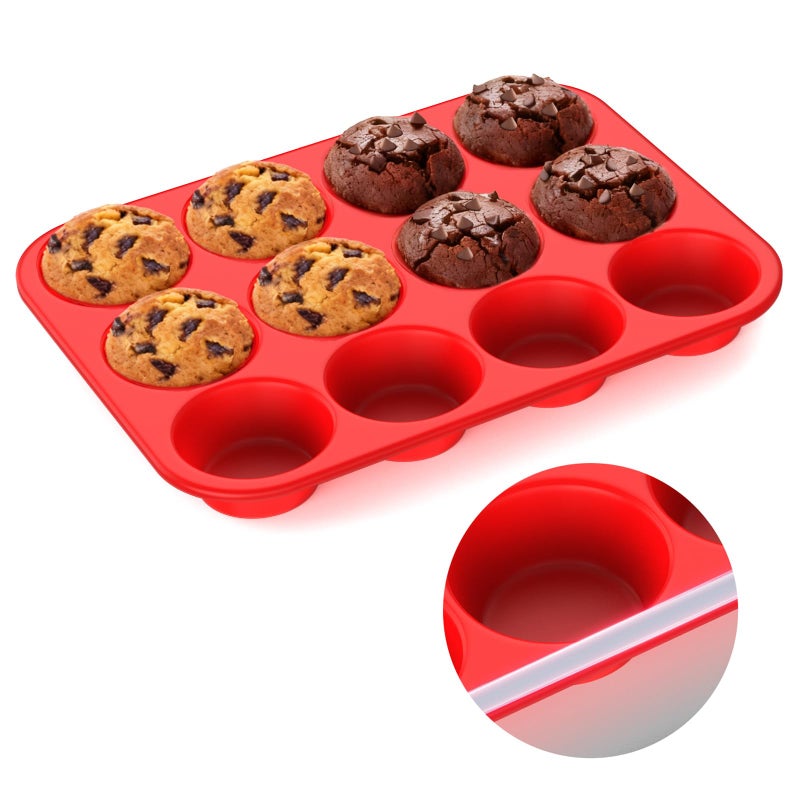 Samuelworld Silicone Muffin Pan for Baking: 12 Cup Muffin Pan with Metal Reinforced Frame, Regular Size Cupcake Egg Bites Molds for Baking, BPA Free Silicone Muffin Tray, Dishwasher Safe (1 Pack, Red) - Image 1